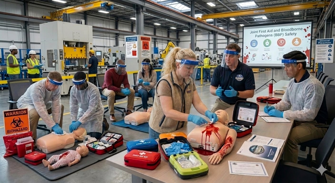 Bloodborne pathogens training with first aid manikins and protective equipment on an industrial workplace floor