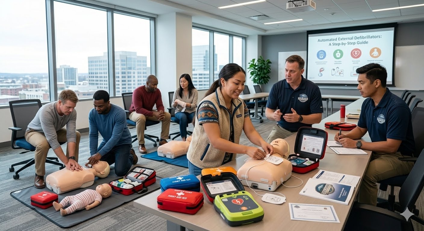 Instructors and students practicing CPR and AED use on manikins in a First Aid training class