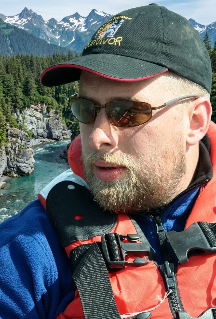 True Alaska safety instructor in a life vest with Alaska mountains and river behind him